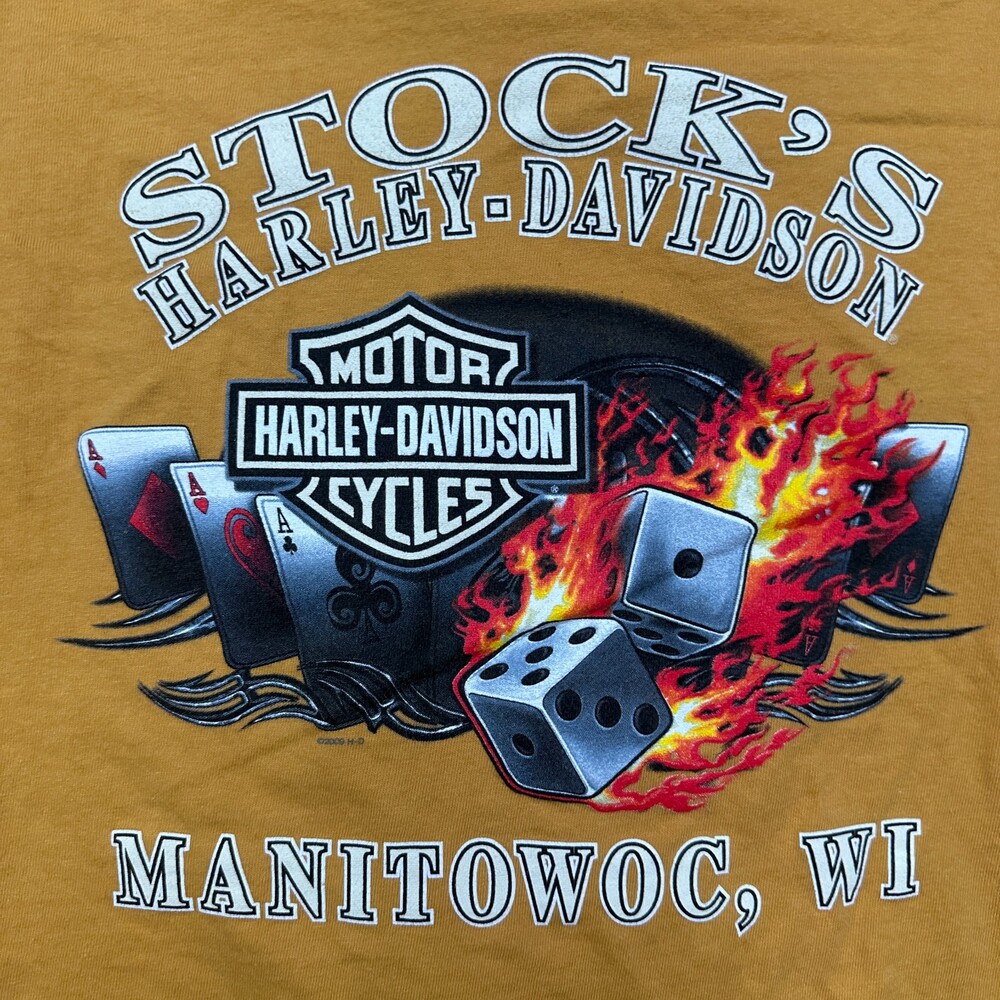 Harley Davidson T-Shirt Mens XL Yellow Flaming Dice Wisconsin Biker